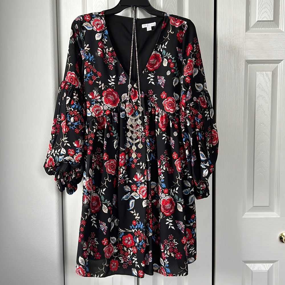 Super cute dress with balloon sleeves. Necklace included.
